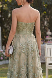 Dusty Green A-Line Tulle Appliqued Beaded Corset Midi Floral Dress