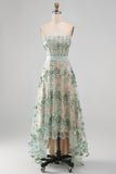 Dusty Sage Corset High Low A-Line Strapless Pearls Long Wedding Guest Dress with Appliques