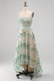 Dusty Sage Corset High Low A-Line Strapless Pearls Long Wedding Guest Dress with Appliques