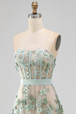 Dusty Sage Corset High Low A-Line Strapless Pearls Long Wedding Guest Dress with Appliques