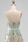 Dusty Sage Corset High Low A-Line Strapless Pearls Long Wedding Guest Dress with Appliques