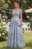 Blue A-Line Tulle Appliqued Beaded Ruched Long Floral Dress
