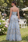 Blue A-Line Tulle Appliqued Beaded Ruched Long Floral Dress