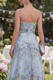 Blue A-Line Tulle Appliqued Beaded Ruched Long Floral Dress