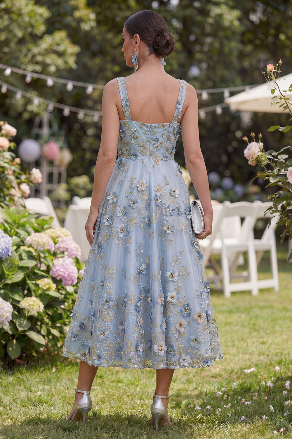 midi floral dress for wedding Blue Summer with Short Puff Sleeves Blue Floral / Small Nude Multi and Powder Blue colors. Melody Floral Midi Dress -