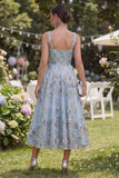 Blue A-Line Tulle Appliqued Beaded Ruched Midi Floral Dress