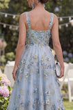 Blue A-Line Tulle Appliqued Beaded Ruched Midi Floral Dress