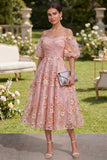 Pink Orange Off the Shoulder A-Line Tulle Appliqued Beaded Ruched Midi Floral Dress