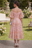 Pink Orange Off the Shoulder A-Line Tulle Appliqued Beaded Ruched Midi Floral Dress