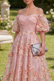 Pink Orange Off the Shoulder A-Line Tulle Appliqued Beaded Ruched Midi Floral Dress
