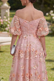 Pink Orange Off the Shoulder A-Line Tulle Appliqued Beaded Ruched Midi Floral Dress