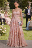 Sweetheart Pink Orange A-Line Tulle Appliqued Beaded Long Floral Dress with Slit