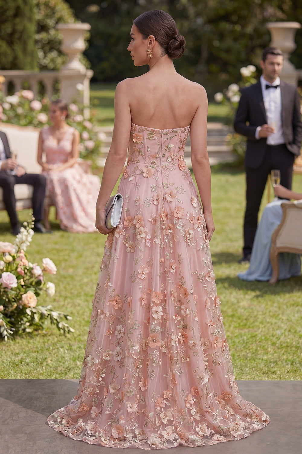 Zapaka Women A-Line Floral Dress with Slit Pink Orange Sweetheart Beaded Tulle Appliqued Long Wedding Guest Dress, Pink Orange / US12