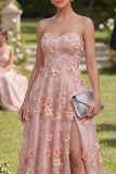 Sweetheart Pink Orange A-Line Tulle Appliqued Beaded Long Floral Dress with Slit