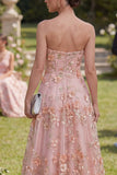 Sweetheart Pink Orange A-Line Tulle Appliqued Beaded Long Floral Dress with Slit