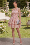 One Shoulder Pink Orange A-Line Tulle Appliqued Beaded Mini Floral Dress
