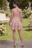 One Shoulder Pink Orange A-Line Tulle Appliqued Beaded Mini Floral Dress