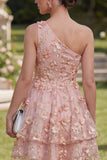 One Shoulder Pink Orange A-Line Tulle Appliqued Beaded Mini Floral Dress
