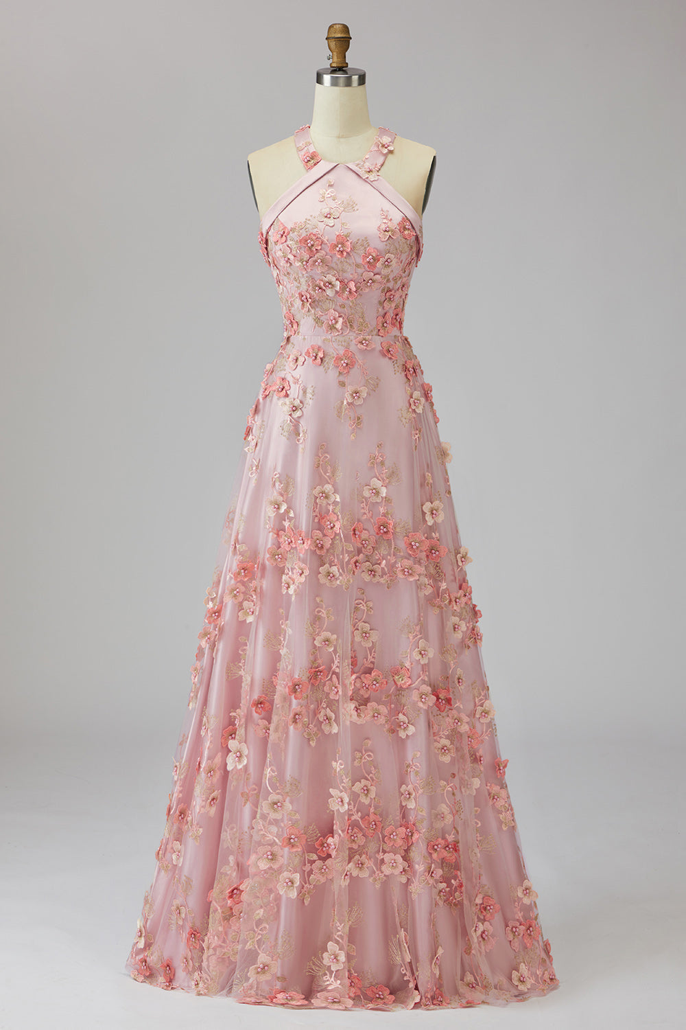 Zapaka Women Prom Dress Pink Orange 3D Floral A-Line Halter Neck Tulle Beaded Long Wedding Party Dress, Pink Orange / US2