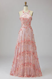 Pink Orange A-Line Halter Neck Tulle Beaded Long 3D Floral Prom Dress