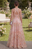 A-Line Pink Orange Tulle Halter Neck Appliqued Beaded Long Floral Dress