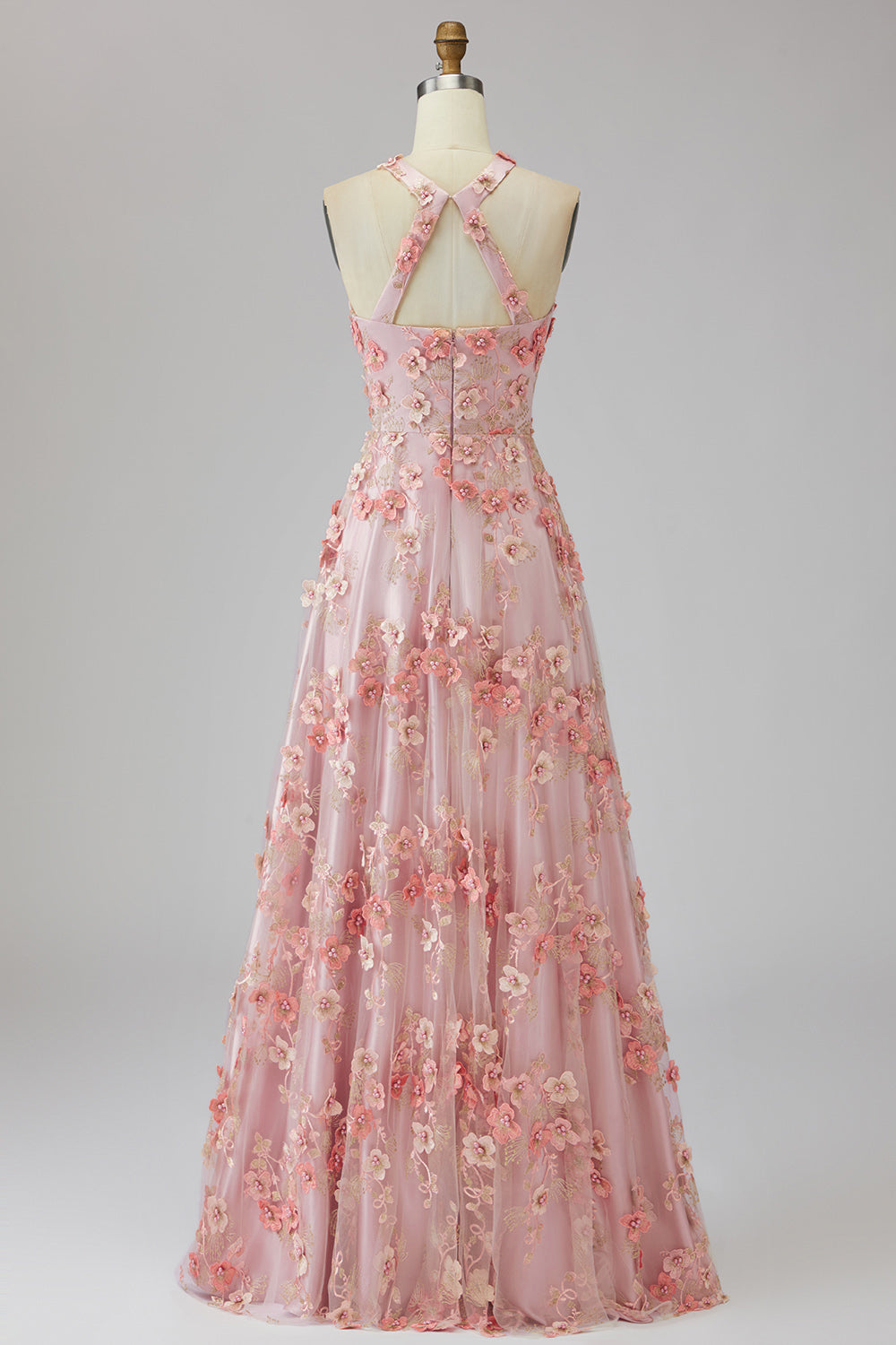 Zapaka Women Prom Dress Pink Orange 3D Floral A-Line Halter Neck Tulle Beaded Long Wedding Party Dress, Pink Orange / US2