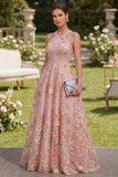 A-Line Pink Orange Tulle Halter Neck Appliqued Beaded Long Floral Dress