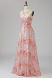 A-Line Pink Orange Tulle Halter Neck Appliqued Beaded Long Floral Dress