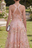 A-Line Pink Orange Tulle Halter Neck Appliqued Beaded Long Floral Dress
