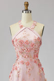 Pink Orange A-Line Halter Neck Tulle Beaded Long 3D Floral Prom Dress