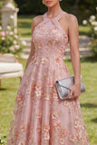 A-Line Pink Orange Tulle Halter Neck Appliqued Beaded Long Floral Dress