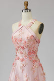 Pink Orange A-Line Halter Neck Tulle Beaded Long 3D Floral Prom Dress