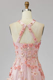 Pink Orange A-Line Halter Neck Tulle Beaded Long 3D Floral Prom Dress