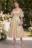 Light Yellow Puff Sleeves Floral Ruched A Line Midi Dress