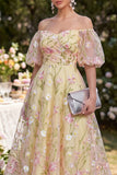 Light Yellow Puff Sleeves Floral Ruched A Line Midi Dress