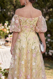 Light Yellow Puff Sleeves Floral Ruched A Line Midi Dress