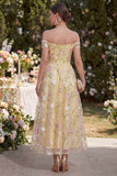 Light Yellow A Line Ruched Off the Shoulder Floral Maxi Dress