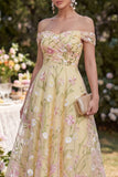 Light Yellow A Line Ruched Off the Shoulder Floral Maxi Dress