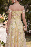 Light Yellow A Line Ruched Off the Shoulder Floral Maxi Dress