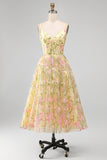 Light Yellow Corset A-Line Floral Embroidery Midi Wedding Guest Dress