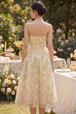 Light Yellow Corset Spaghetti Straps Floral A Line Midi Dress