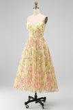 Light Yellow Corset A-Line Floral Embroidery Midi Wedding Guest Dress