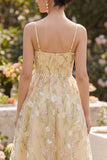 Light Yellow Corset Spaghetti Straps Floral A Line Midi Dress