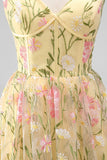Light Yellow Corset A-Line Floral Embroidery Midi Wedding Guest Dress