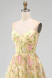 Light Yellow Corset A-Line Floral Embroidery Midi Wedding Guest Dress