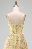 Light Yellow Corset A-Line Floral Embroidery Midi Wedding Guest Dress