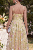 Light Yellow Floral Corset Spaghetti Straps A Line Midi Dress