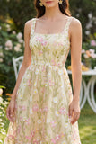 Square Neck Floral Light Yellow A Line Midi Dress