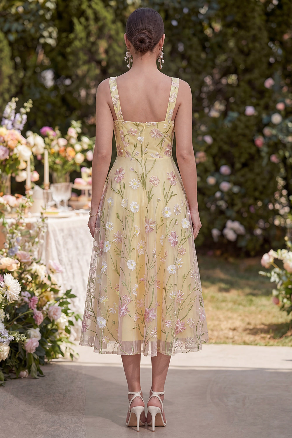 Zapaka Women Light Yellow Floral Midi Dress A Line Thick Straps Wedding Guest Dress, Light Yellow / US20W