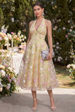 Light Yellow A-Line Halter Appliqued Midi Floral Dresses